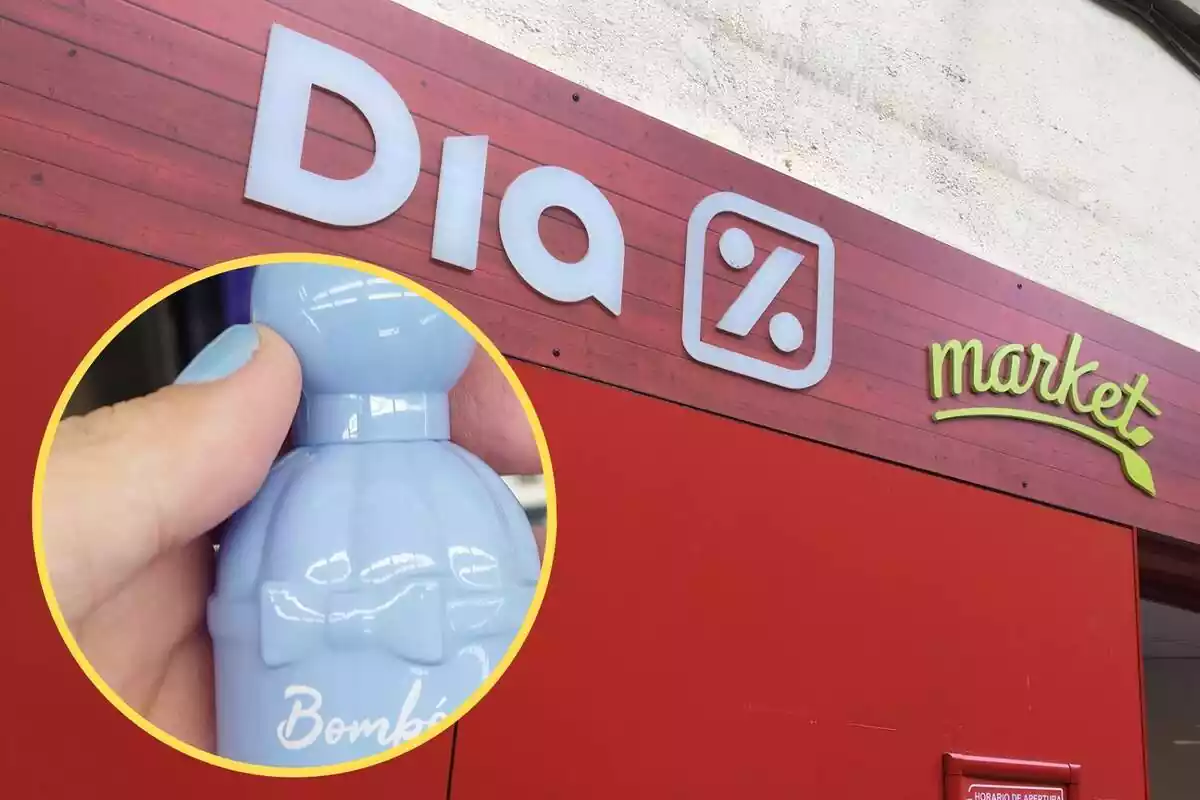 Montaje con el letrero en el exterior de un supermercado DIA y un círculo con una mano sujetando el perfume Bombón de Flor de Mayo