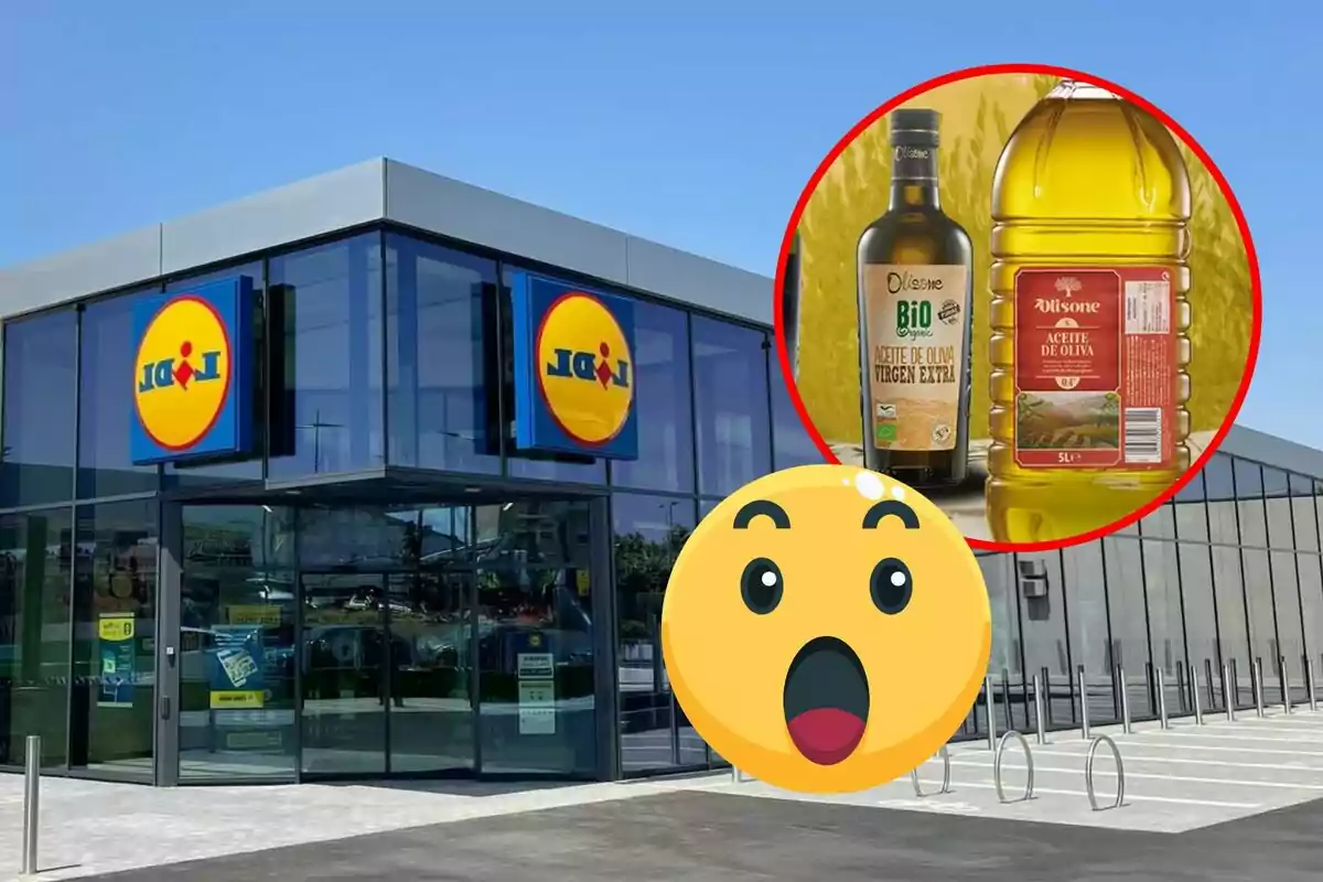 Fachada de una tienda Lidl con un círculo que muestra botellas de aceite de oliva y un emoji sorprendido.