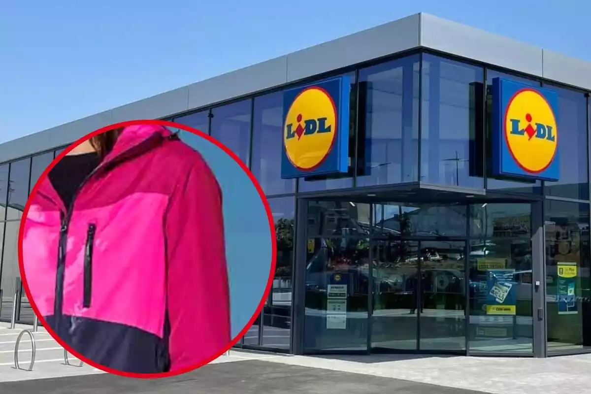 Montaje con el exterior de una tienda de Lidl y un círculo con la chaqueta de esquí rosa que vende la cadena