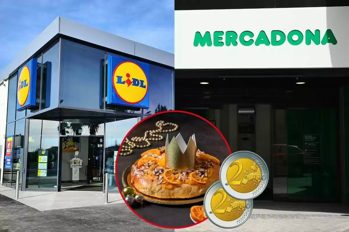 Dos supermercados, Lidl y Mercadona, con una imagen de un roscón de Reyes y monedas de dos euros en el centro.