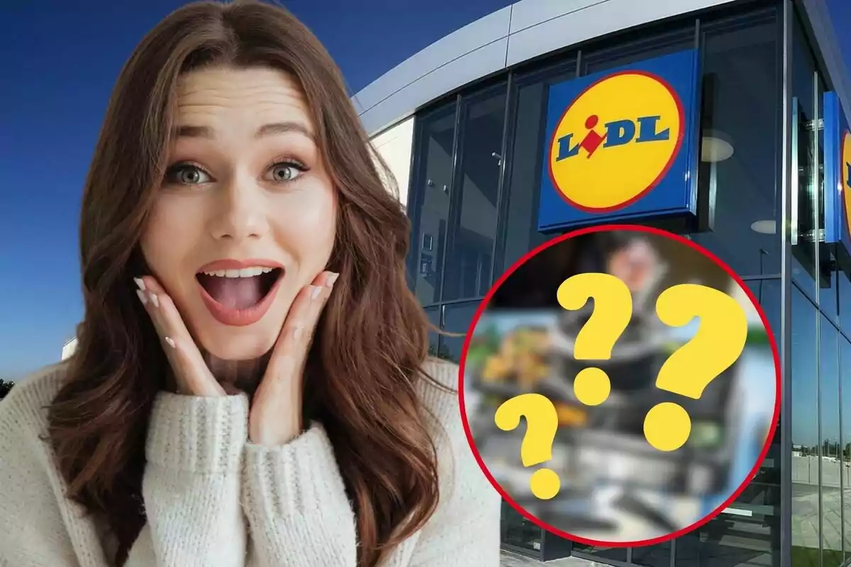 Una mujer sorprendida frente a una tienda de Lidl con un círculo rojo que contiene signos de interrogación.