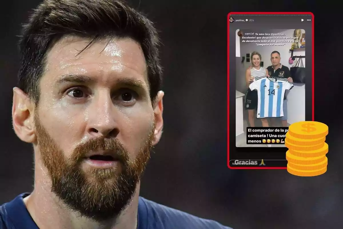 Montaje con Lionel Messi sudando, Yesica Frías con un chico sujetando una camiseta de Argentina y unas monedas