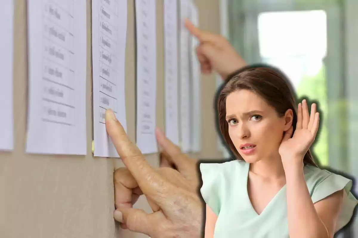 Una mujer con expresión preocupada se lleva la mano al oído mientras observa una lista de nombres en una pared, donde varias personas están señalando.