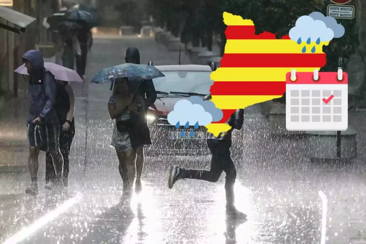 Personas caminando bajo la lluvia con paraguas en una calle mientras un mapa con franjas rojas y amarillas y un calendario con una marca aparecen superpuestos.