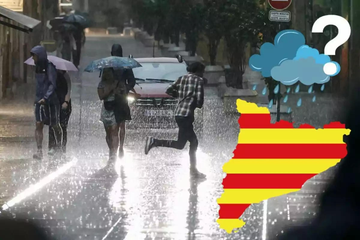 Personas caminando bajo la lluvia con paraguas en una calle, mientras una persona corre; en la esquina inferior derecha hay una ilustración de una nube con lluvia y un mapa con franjas amarillas y rojas.