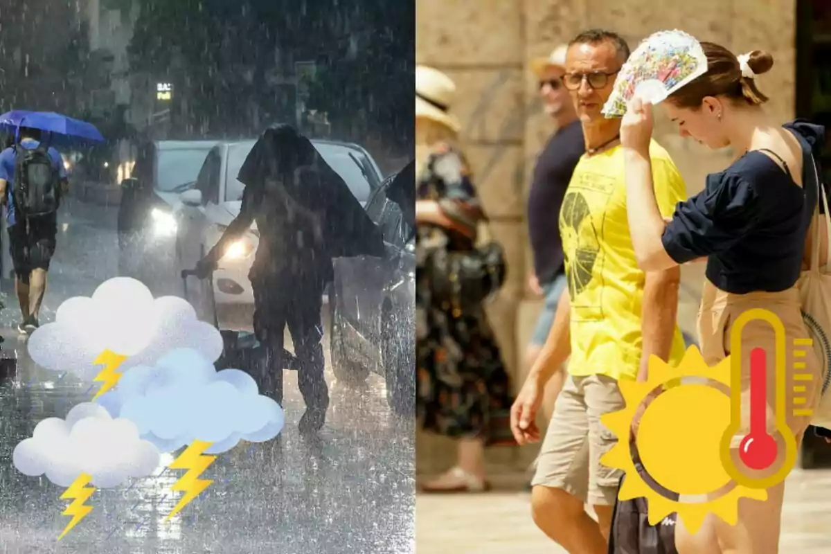 La imagen muestra dos escenas contrastantes: a la izquierda, personas caminando bajo una intensa lluvia con paraguas y abrigos, mientras que a la derecha, personas caminando bajo un sol brillante y calor, una de ellas usando un abanico para refrescarse.