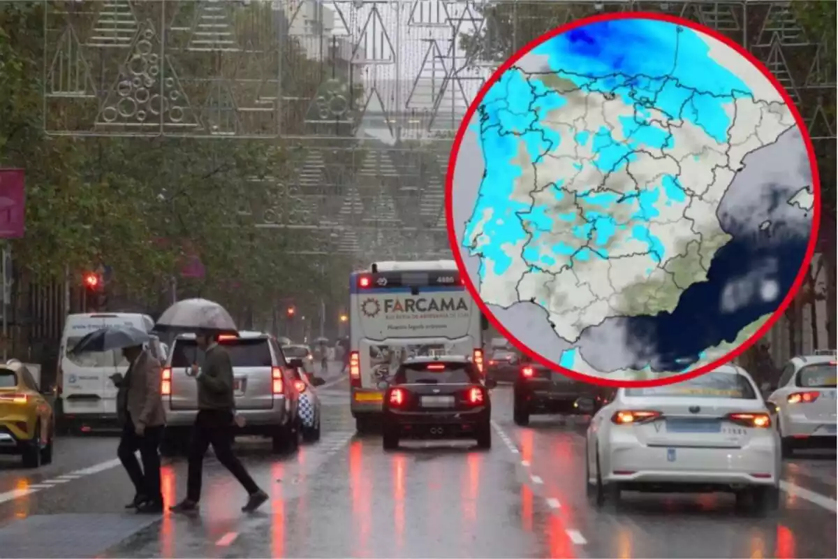 Montaje con una carretera llena de coches circulando bajo la lluvia y dos personas con paraguas cruzando la calle