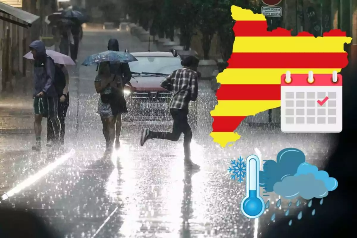 Personas caminando bajo la lluvia con paraguas en una calle, con un mapa de Cataluña, un calendario y símbolos de clima frío y lluvioso superpuestos.