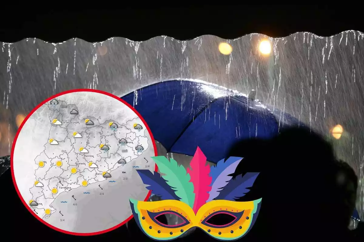 Montaje con lluvia y gente con paraguas, el mapa meteorológico de Cataluña y una máscara de Carnaval