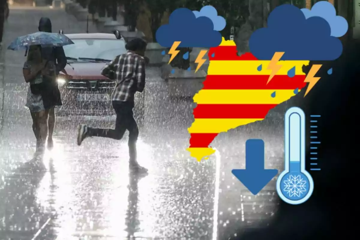 Montaje con gente en la calle en mitad de la lluvia, un mapa de Cataluña y termómetro