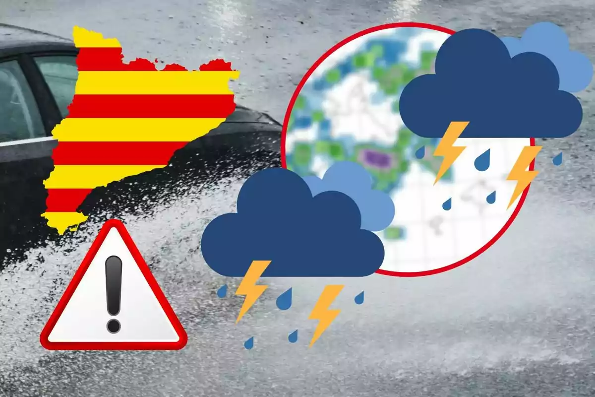 Mapa de Cataluña con símbolos de advertencia y tormentas eléctricas sobre un fondo de lluvia intensa.