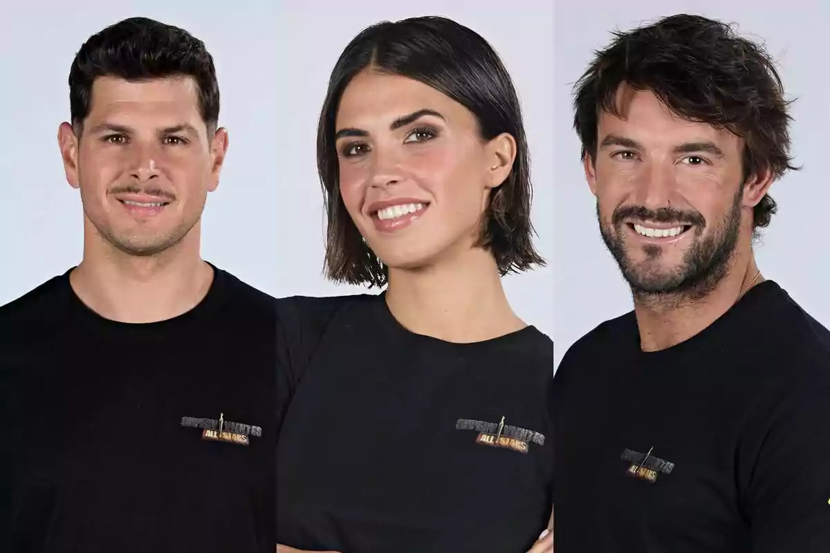 Montaje de Logan Sampedro, Sofía Suescun y Alejandro Nieto con la camiseta de Supervivientes All Stars