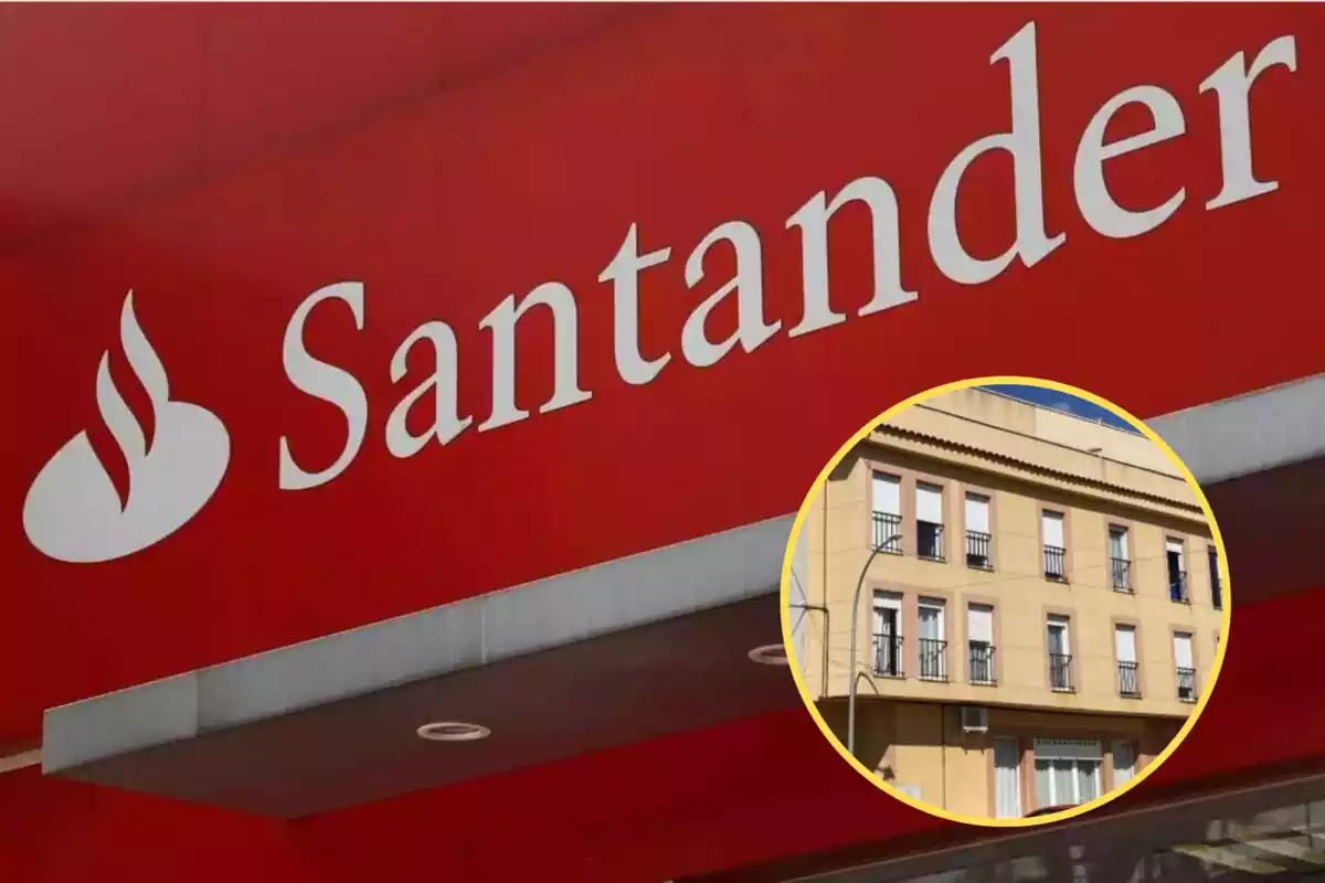 Montaje del logo del Banco Santander y un edificio de viviendas