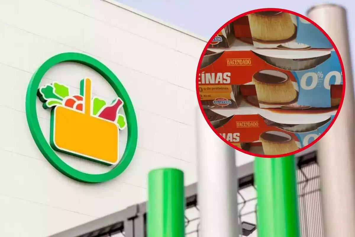 Montaje con el logo de Mercadona en el exterior de una de sus tiendas y un círculo con varios paquetes de flan +Proteínas de la marca blanca Hacendado