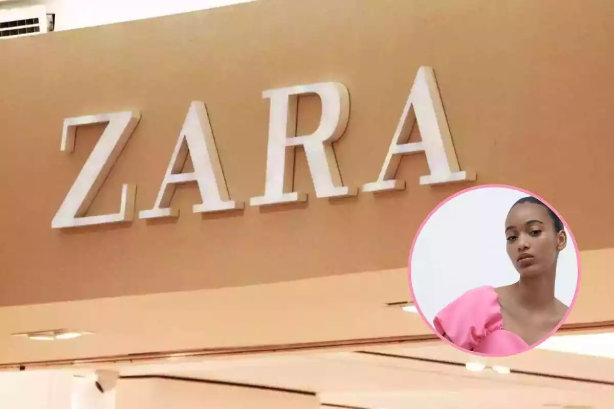 Montaje con el logo de Zara y una imágen de un vestido de color rosa de la última colección