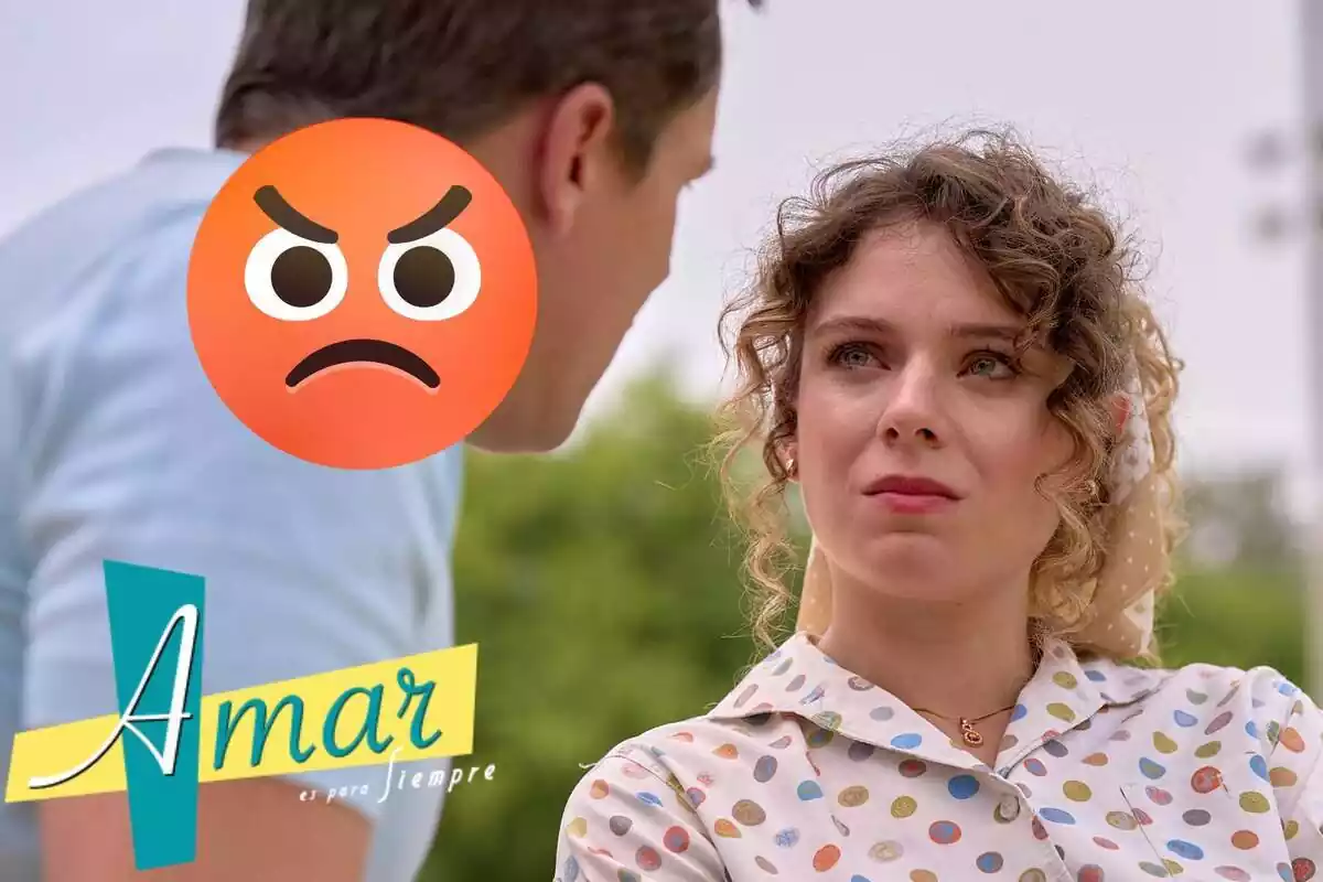 Montaje de 'Amar es para siempre' con Lola seria con una camisa de topos, el logo de la serie y un emoji enfadado