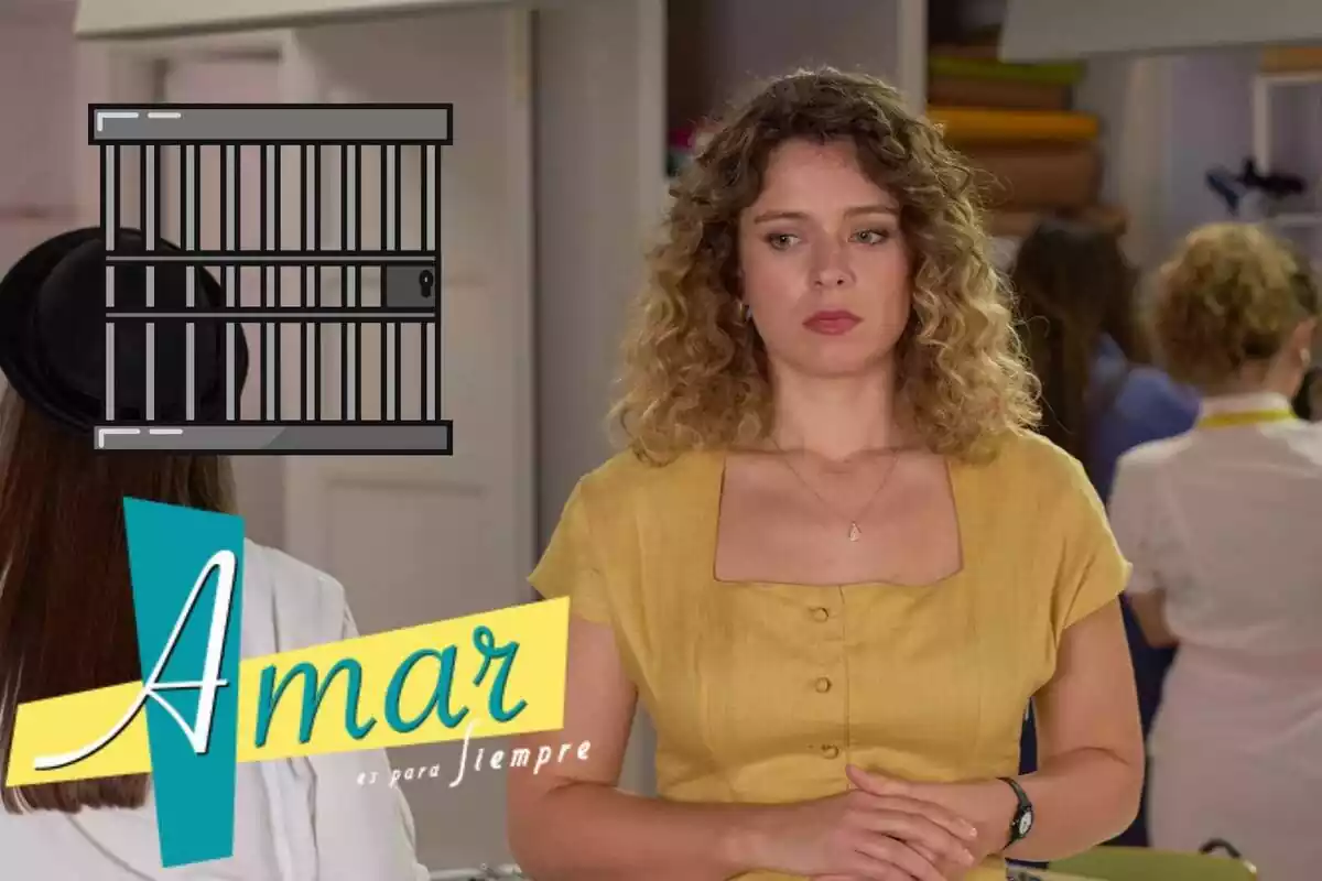 Montaje de 'Amar es para siempre' con Lola con rostro preocupado y las manos juntas, el logo de la serie y una puerta de cárcel