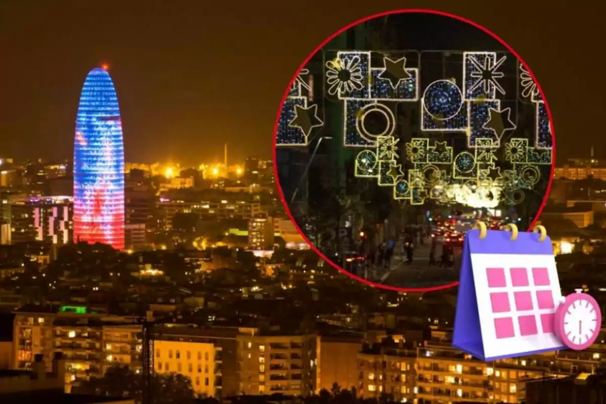 Vista nocturna de una ciudad con un edificio iluminado en azul y rojo y un círculo que muestra luces decorativas en una calle concurrida.