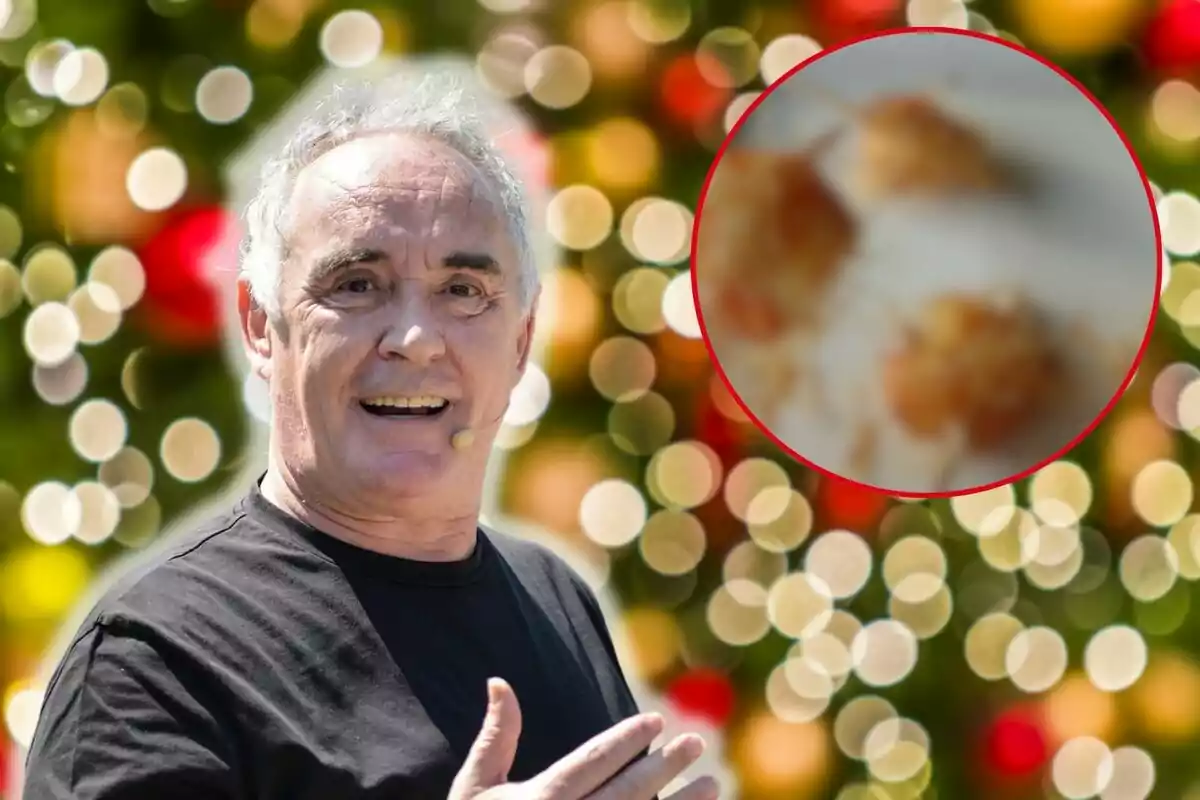 Ferran Adrià con camiseta negra y micrófono en la oreja sonríe frente a un fondo de luces desenfocadas con un círculo que muestra una imagen borrosa de comida.