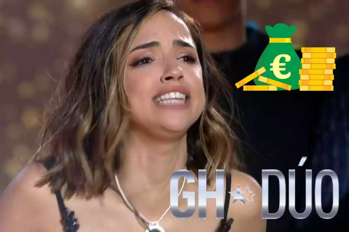 Montaje de Lucía Sánchez hablando, el logo de 'GH Dúo' y dinero