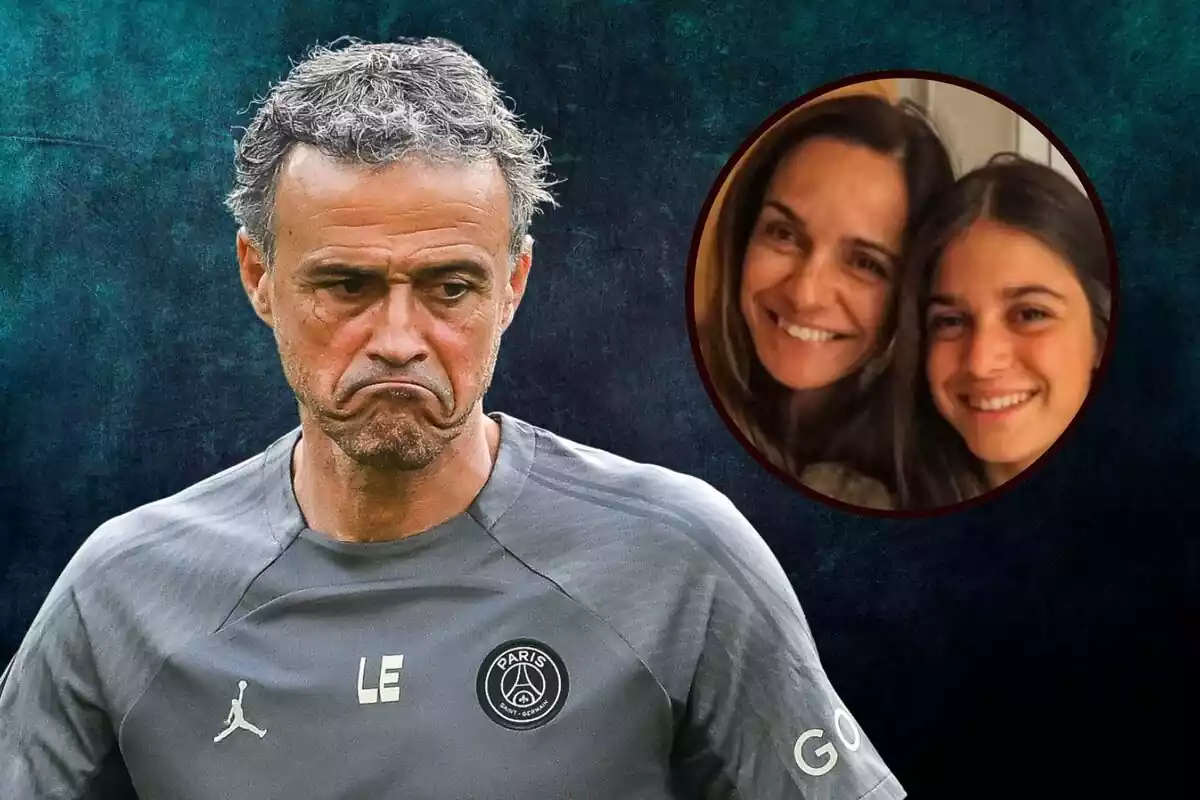 Montaje de Luis Enrique vestido con uniforme de entrenador sobre un fondo azul y al lado un recorte de su mujer y su hija sonrientes