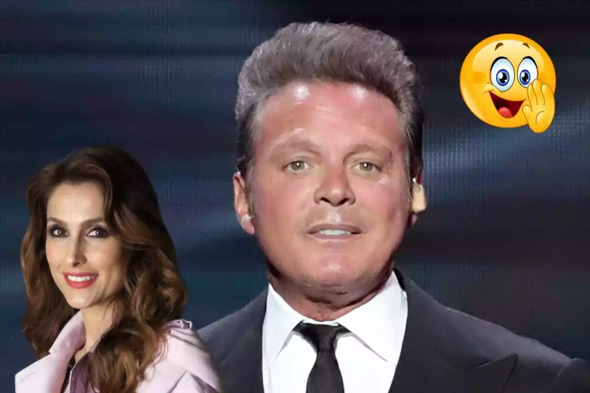 Montaje de primer plano de Luis Miguel durante un concierto, Paloma Cuevas sonriendo y un emoji contando un secreto