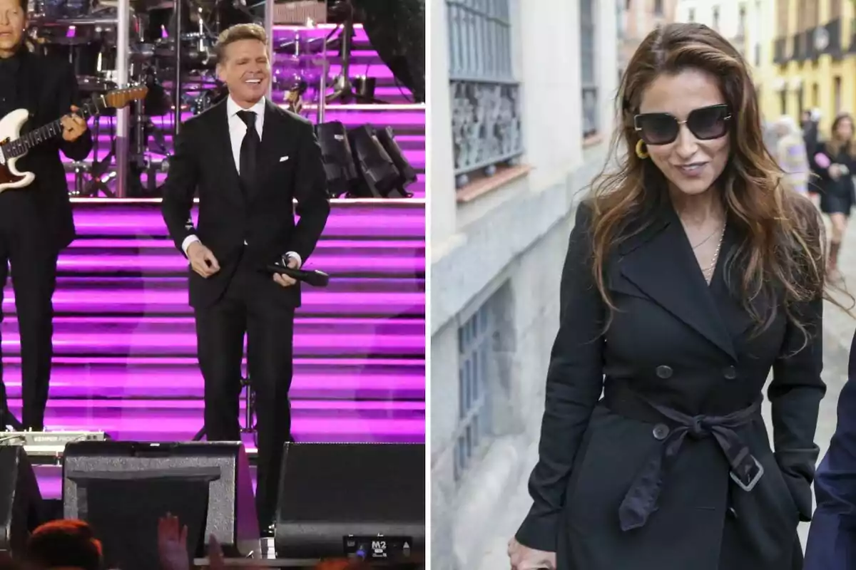 Luis Miguel con traje negro y corbata canta en un escenario iluminado con luces moradas mientras Paloma Cuevas con gafas de sol y abrigo negro camina por la calle. Luis Miguel con traje negro y corbata canta en un escenario iluminado con luces moradas mientras Paloma Cuevas con gafas de sol y abrigo negro camina por la calle.