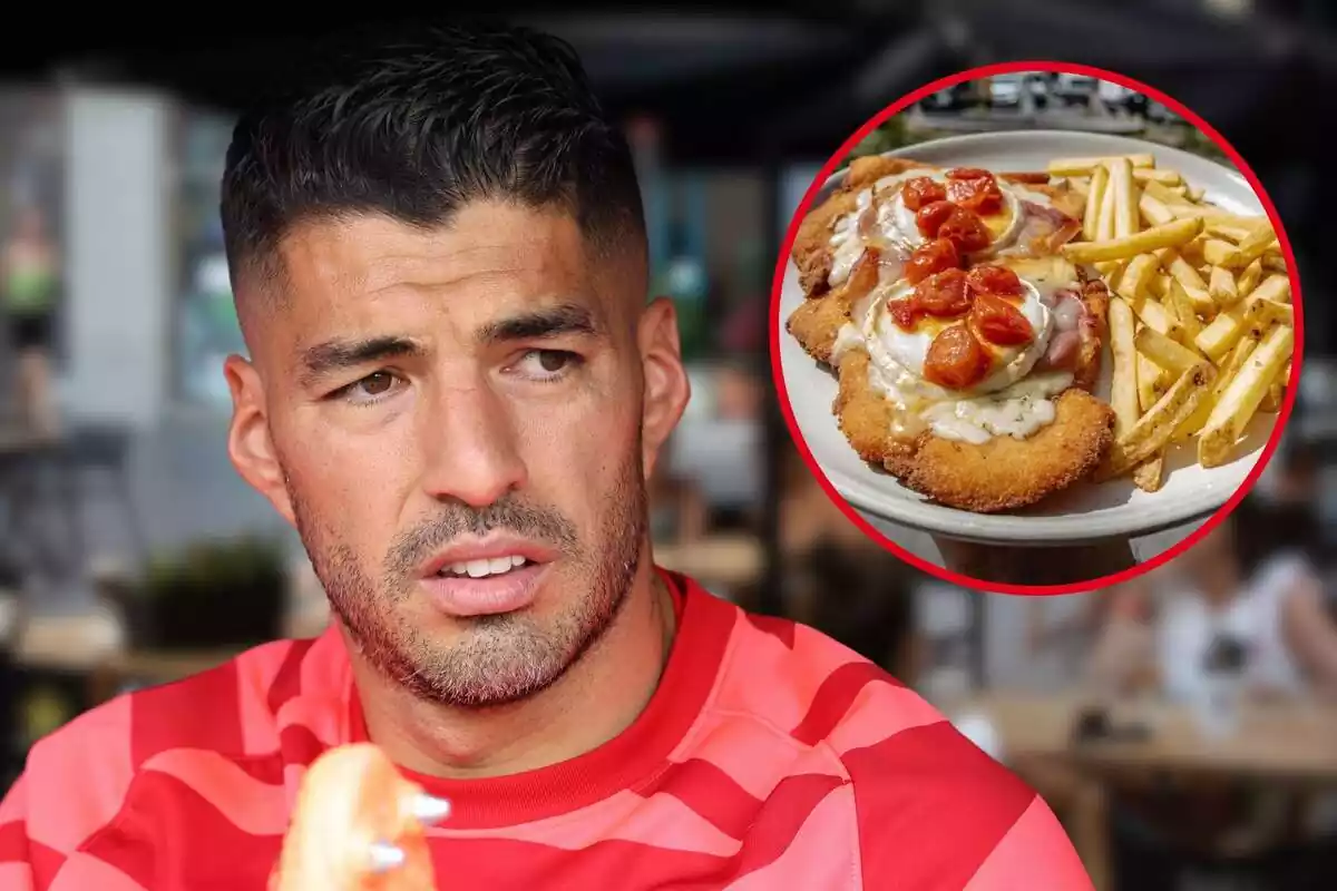 Montaje de Luis Suarez con un plato del restaurante Chalito