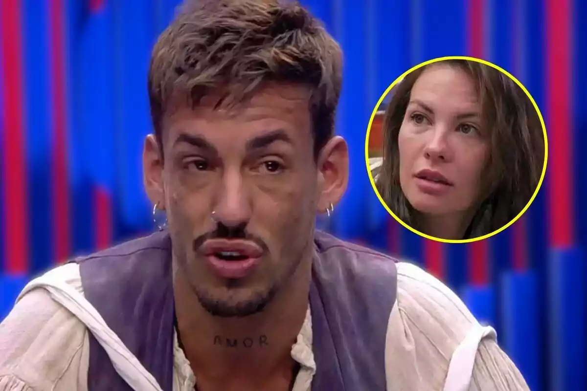 Luitingo con expresión seria en un el confesionario de GH VIP con una imagen circular de Jessica Bueno en la esquina superior derecha.