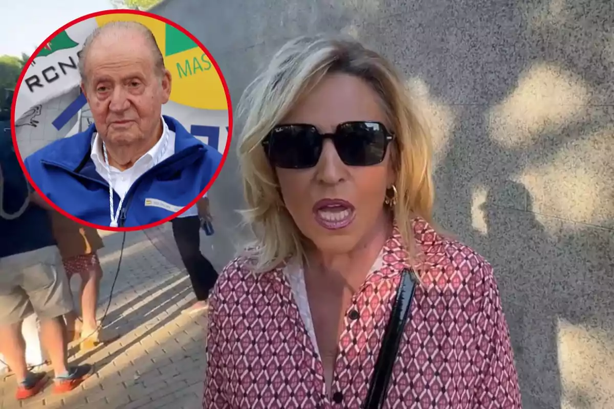 Lydia Lozano con gafas de sol y una camisa estampada está hablando frente a una cámara, mientras que en la esquina superior izquierda hay un círculo rojo con la imagen de Juan Carlos I.