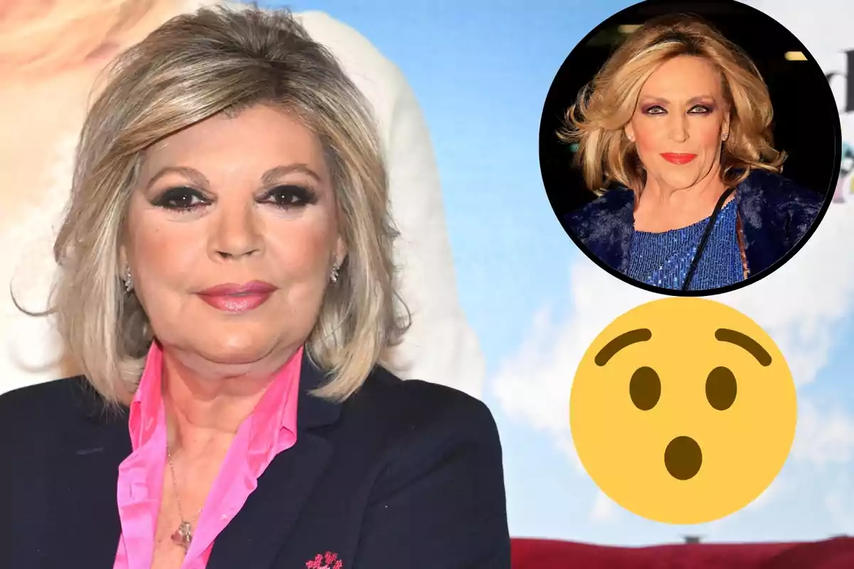 Terelu campos con cabello rubio y maquillaje oscuro, junto a un círculo que muestra a Lyidia Lozano con cabello similar y un emoji de sorpresa.