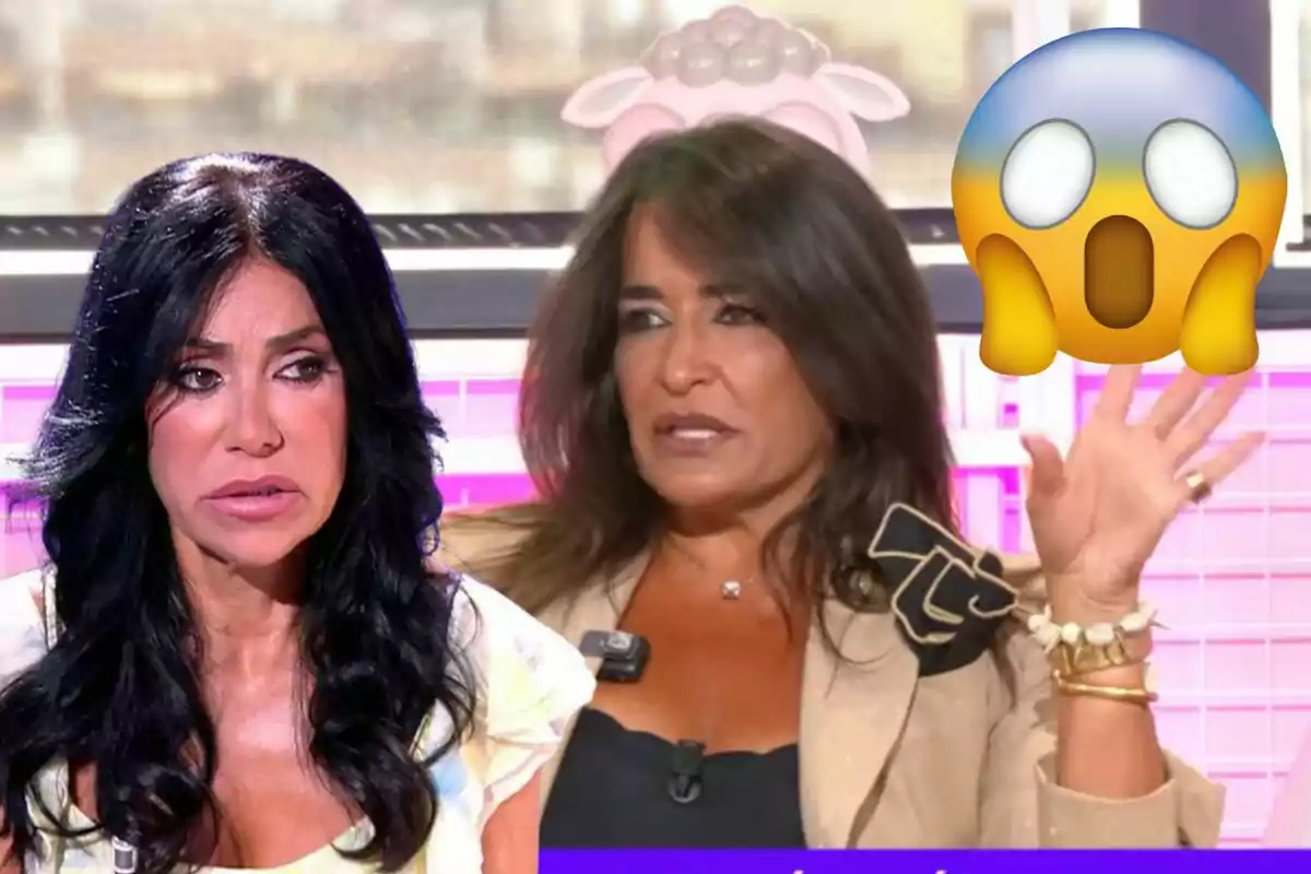 Maite Galdeano y Aída Nízar en un programa de televisión con un emoji de sorpresa.