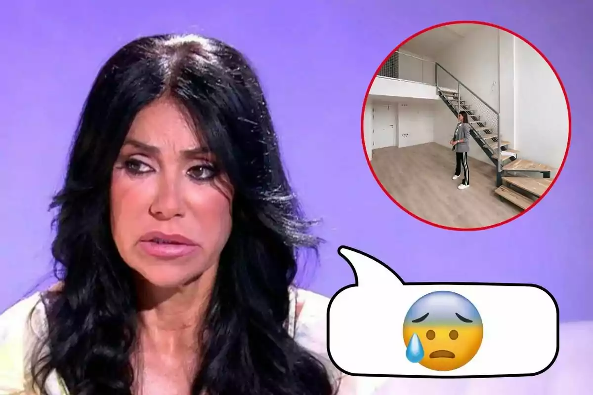 Maite Galdeano con expresión seria y un emoji preocupado en un bocadillo, junto a una imagen de Sofía Suescun en un espacio vacío con escaleras.