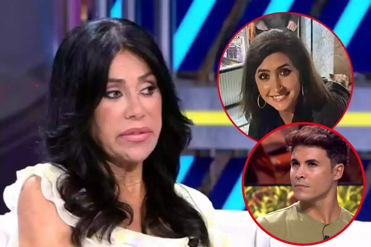 Maite Galdeano de cabello oscuro en un programa de televisión con dos imágenes circulares de Kiko Jiménez y su madre, Carmina, en la esquina superior derecha.