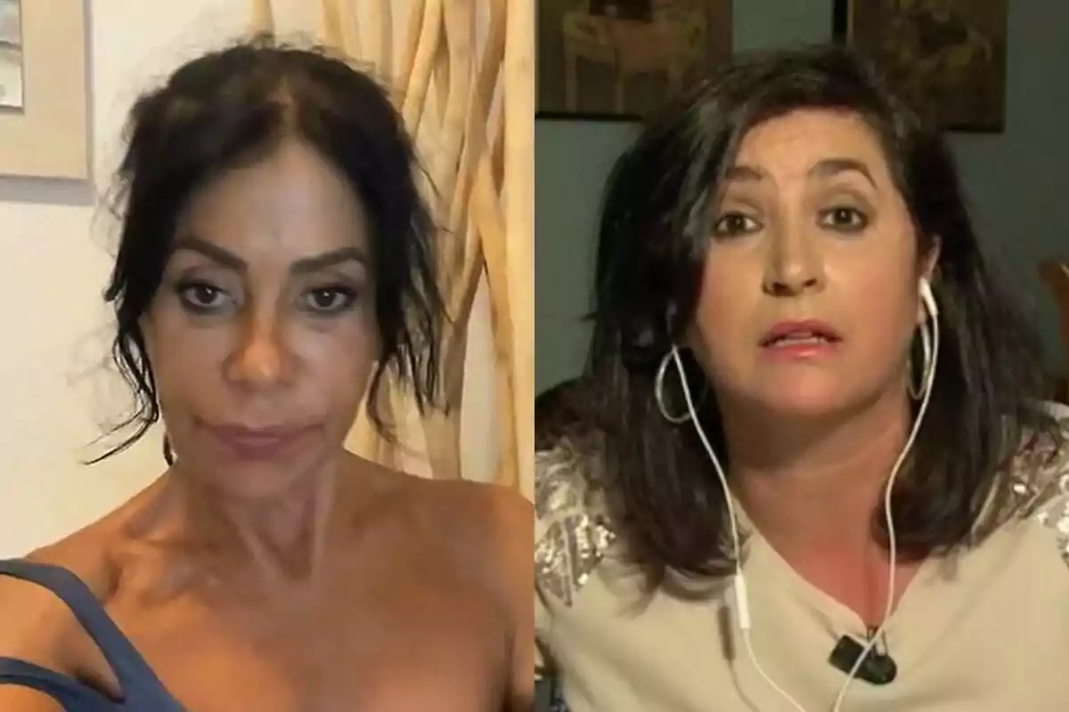 Montaje de Maite Galdeano con cara triste a la izquierda con Carmina, madre de Kiko Jiménez, enfadada a la derecha