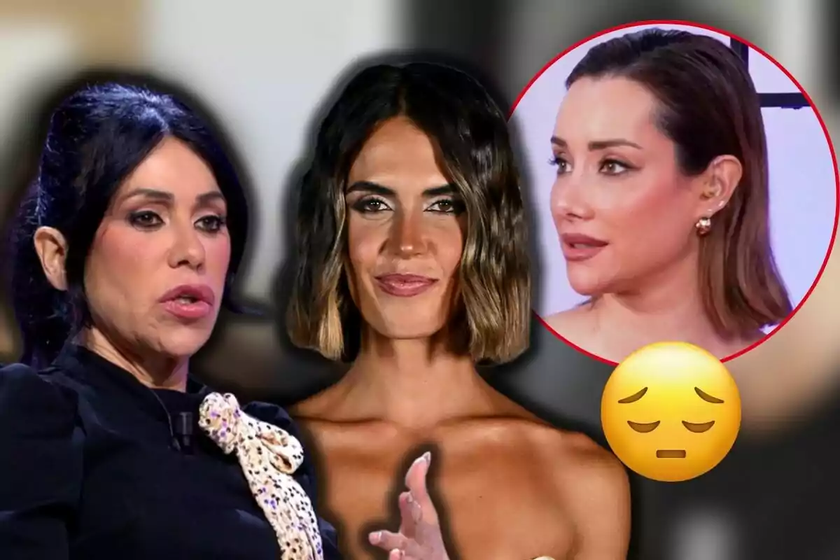 Maite Galdeano, Sofía Suescun y Adara Molinero en un montaje fotográfico con un emoji de cara pensativa.