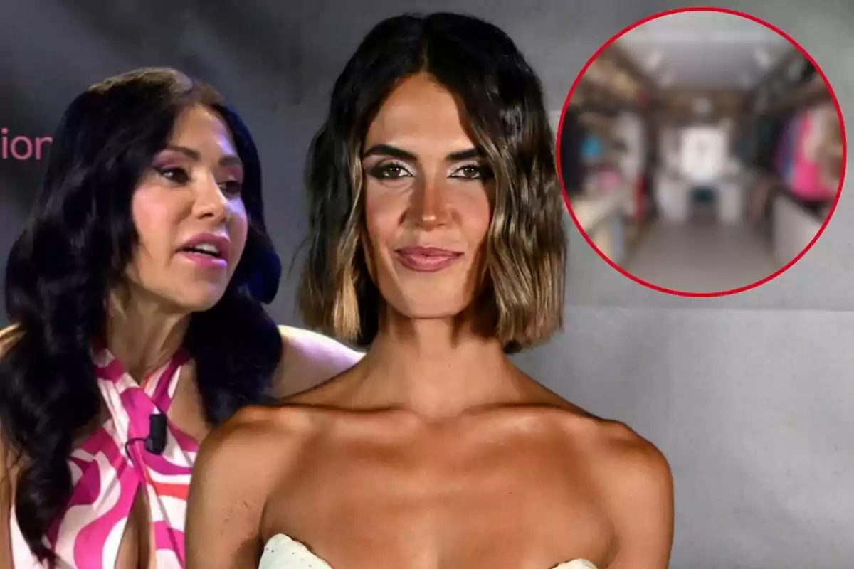 Maite Galdeano y Sofía Suescun posan frente a la cámara, una de ellas con un vestido blanco y la otra con un vestido rosa con blanco, mientras que en la esquina superior derecha se observa una imagen borrosa dentro de un círculo rojo.