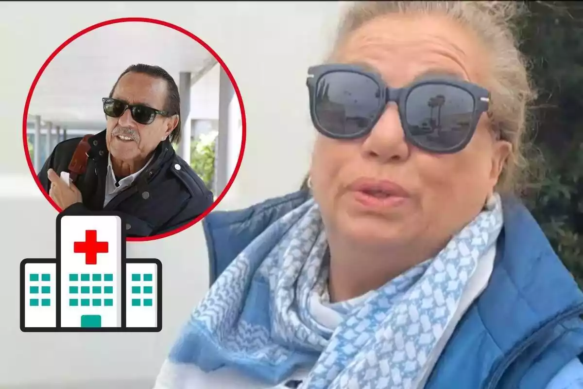 Montaje de Maite Zaldívar hablando con gafas de sol y una bufanda azul, Julián Muñoz con unas gafas de sol y un hospital