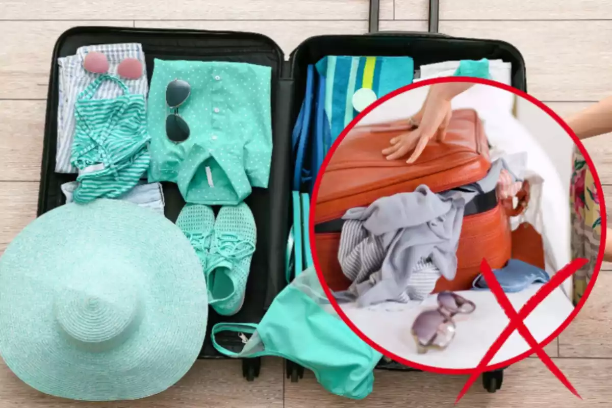 Montaje con una maleta ordenada llena de ropa y accesorios y un círculo con una segunda maleta naranja llena de ropa desordenada con una cruz de color rojo al lado