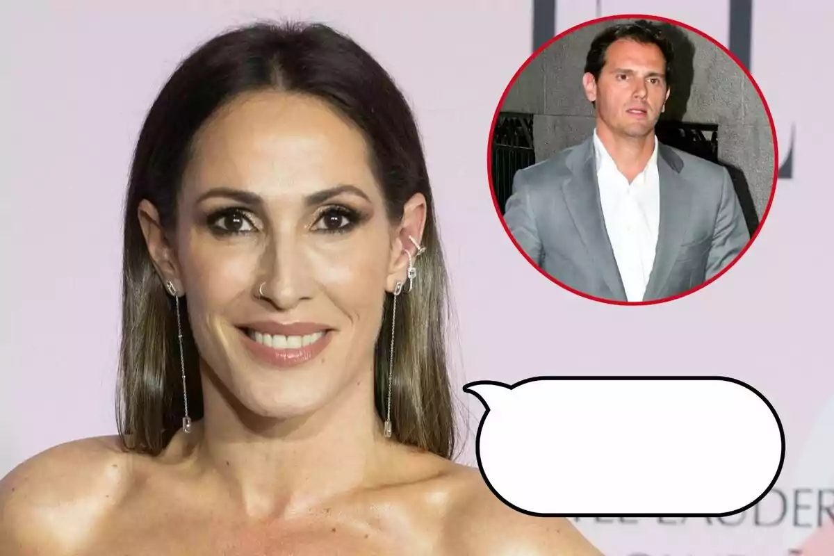 Malú sonriente con cabello oscuro y aretes largos, junto a un recuadro que muestra a Albert Rivera con traje gris, sobre un fondo claro.