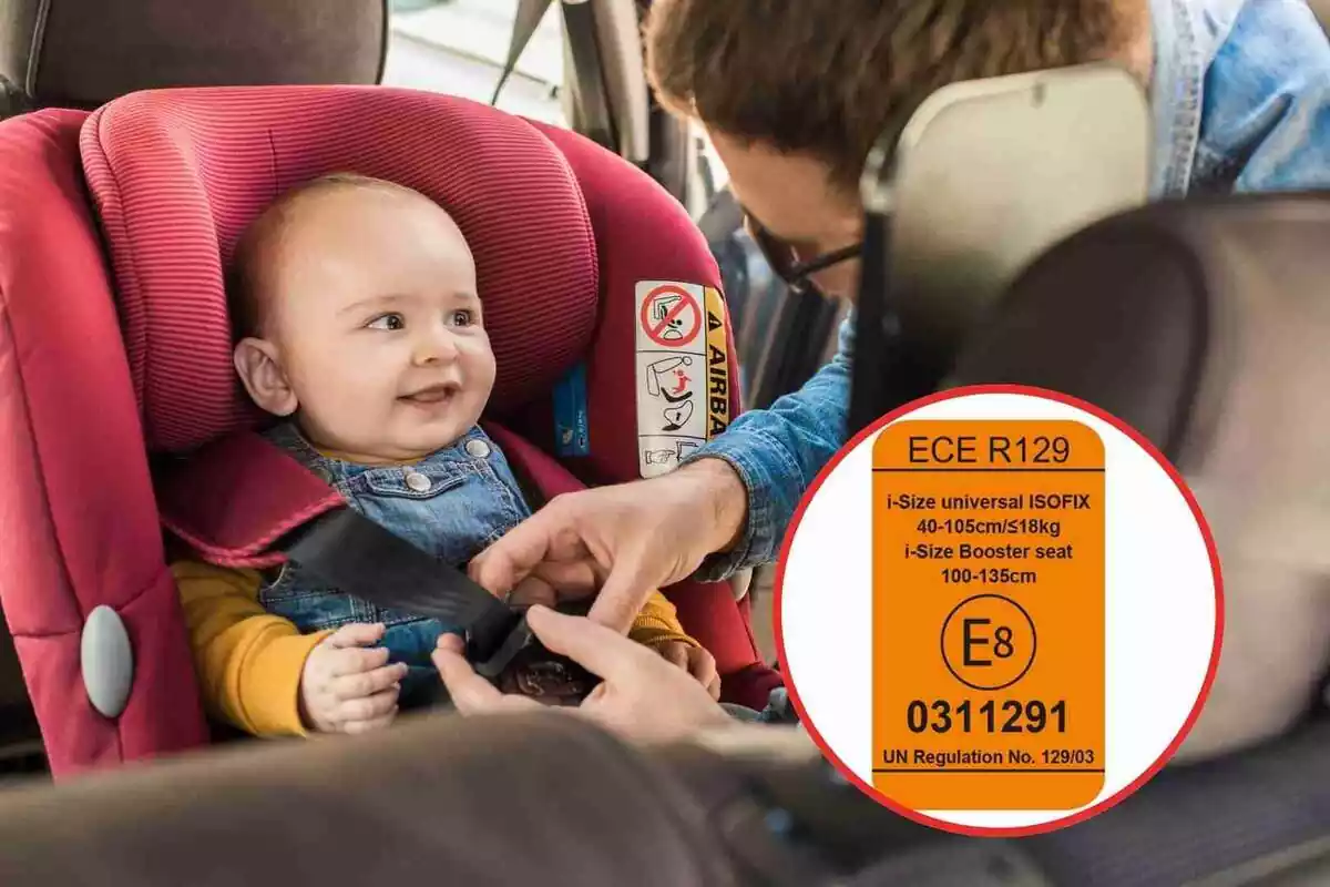 Foto de una mamá colocando a su hijo en una silla para el coche y montaje de un círculo con la foto de la etiqueta naranja de las sillas que confirma la homologación de la misma