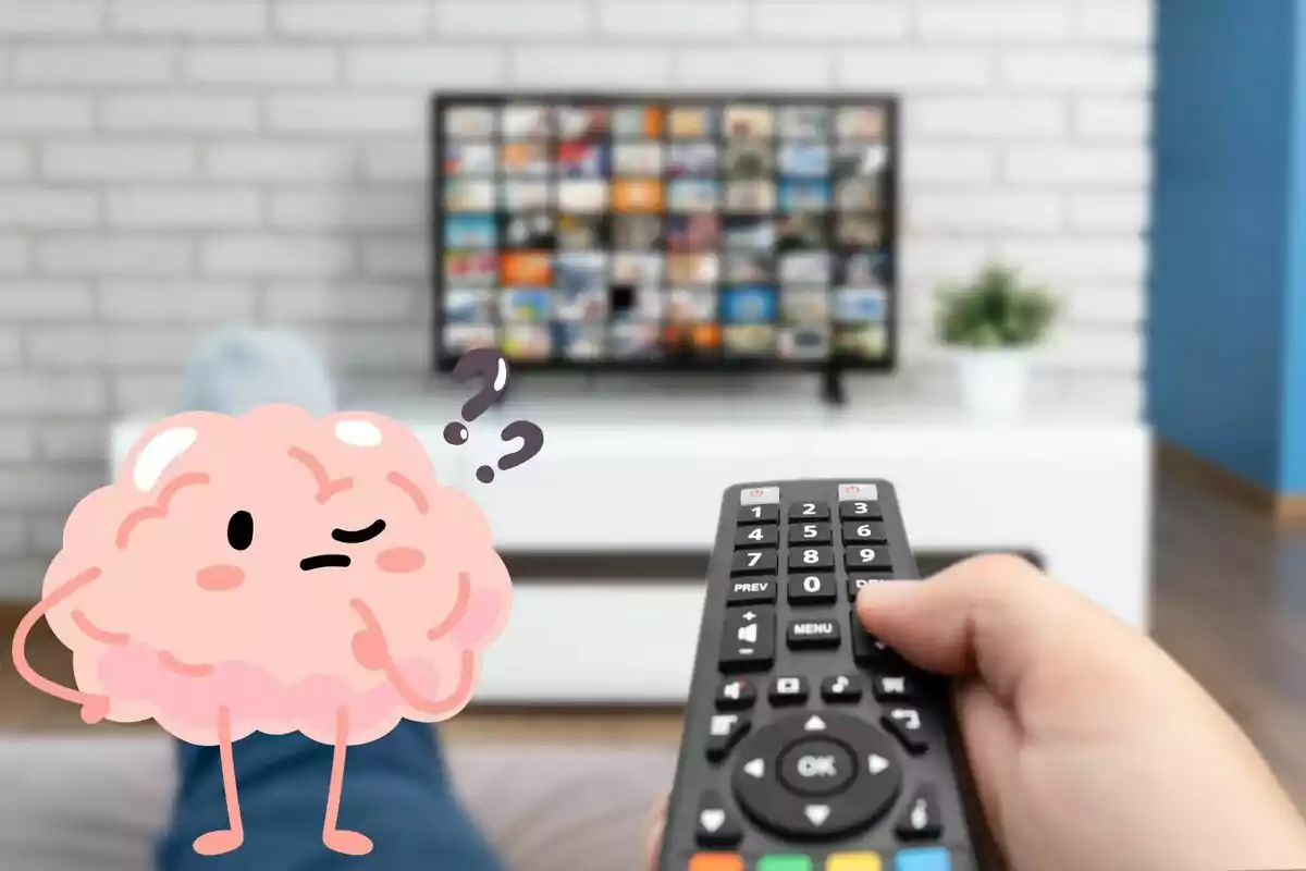 Persona sosteniendo un control remoto frente a un televisor con una ilustración de un cerebro pensativo al lado. Persona sosteniendo un control remoto frente a un televisor con una ilustración de un cerebro pensativo al lado.