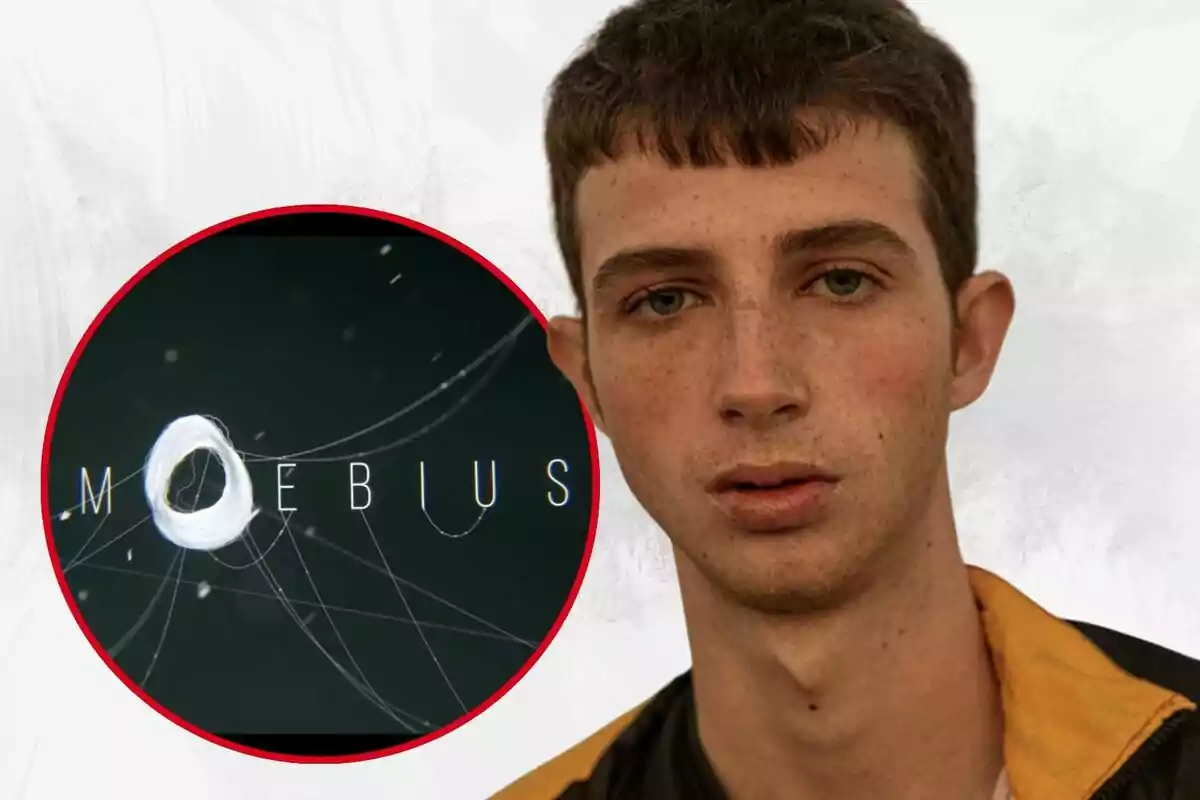 Un joven con cabello corto y pecas mira a la cámara, junto a un gráfico circular con la palabra "Moebius".