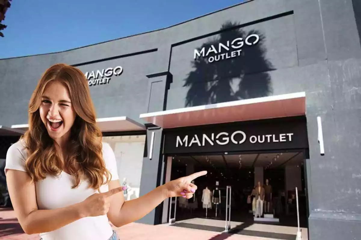 Montaje de una tienda Mango Outlet desde el exterior y una chica guiñando un ojo señalando