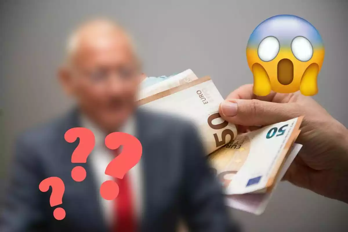 Una persona desenfocada en traje con signos de interrogación y una mano sosteniendo billetes de euro junto a un emoji sorprendido.