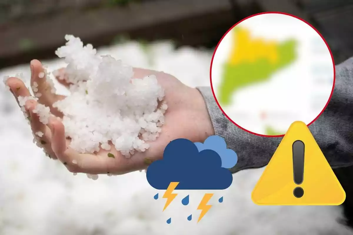 Una mano sostiene granizo mientras se muestra un mapa borroso en un círculo rojo y se incluyen iconos de tormenta y advertencia.