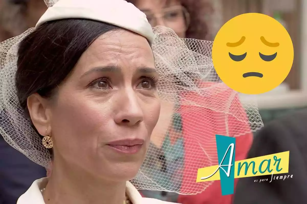 Montaje de 'Amar es para siempre' con Manolita llorando con un tocado blanco, el logo de la serie y un emoji triste
