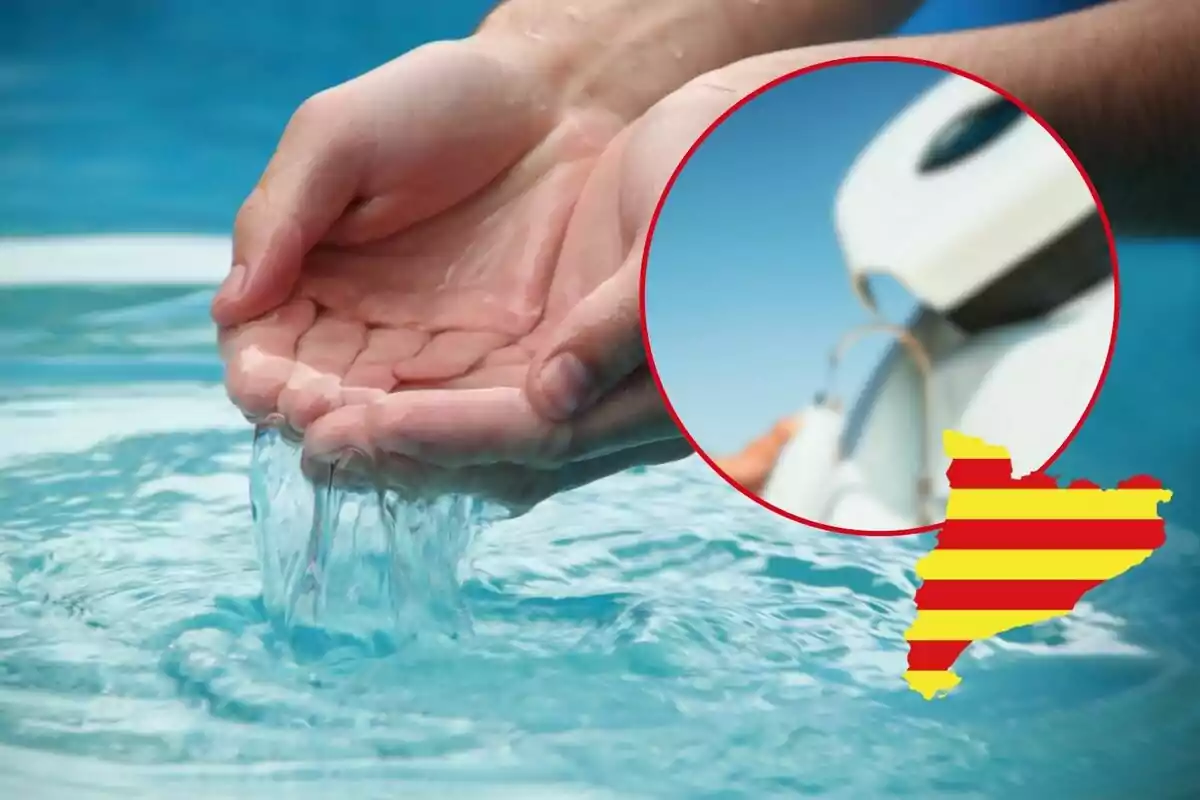 Manos recogiendo agua de una piscina con un círculo que muestra un grifo y un mapa con franjas amarillas y rojas.