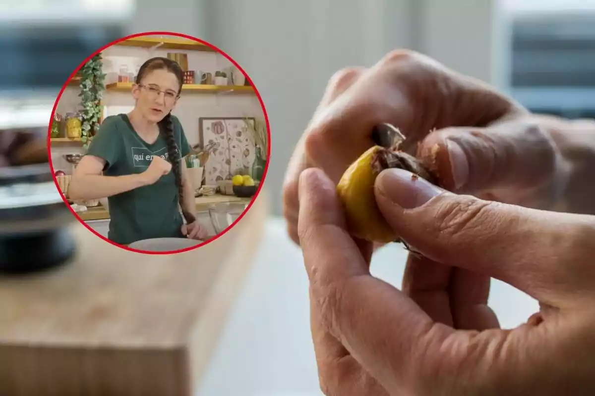 Una persona pelando una castaña con un círculo insertado mostrando a Maria Nicolau en una cocina.