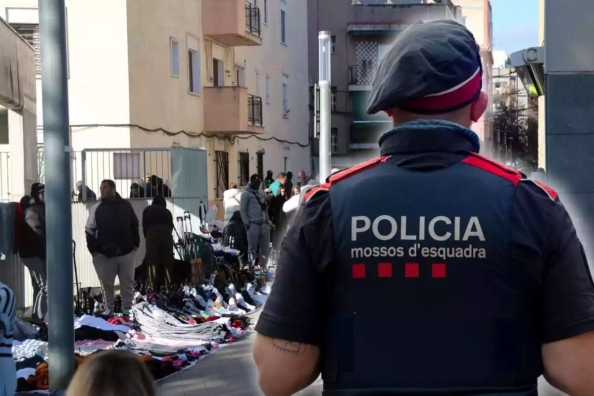 Montaje de la venta ilegal de Canovelles y un Mosso d'Esquadra de espaldas